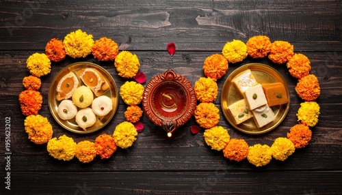 Wallpaper Mural Diwali Sweets and Decorations on Wooden Table. Torontodigital.ca