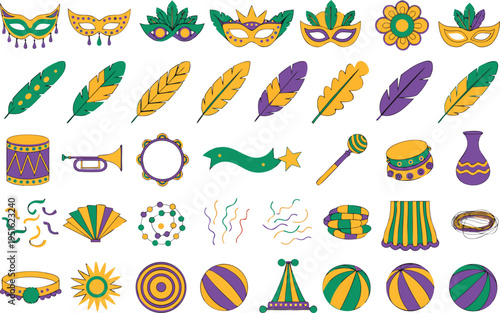 A collection of colorful mardi gras festival elements including masks feathers and party decorations isolated on transparent background