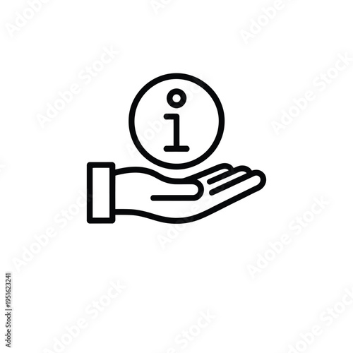 A hand holding an information icon on a white background