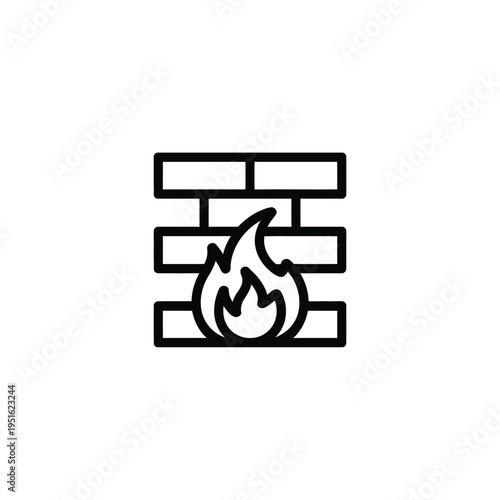 A black line icon of a fire burning in a brick wall