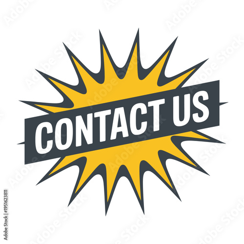 A bold graphic with a yellow explosion and contact us text