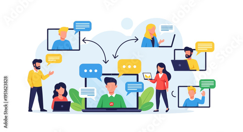 Video Conference and Remote Team Network. Group of People Communicating Online in Virtual Meeting via Laptop.