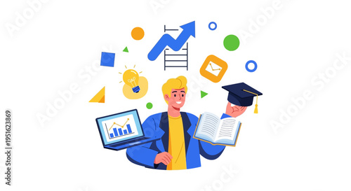 E-Learning and Professional Growth: Student with Graduation Cap, Book, Laptop, Idea Lightbulb, and Data Chart Symbolizing Knowledge and Success.