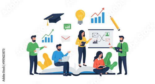 Team Learning, Business Education, and Strategy Development Flat Vector Illustration. Knowledge Transfer and Corporate Training Concept.