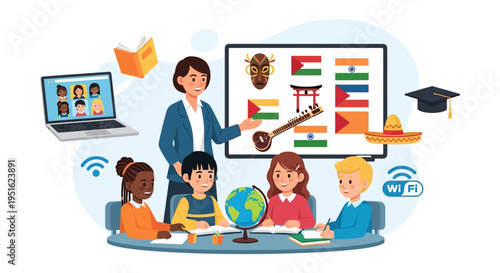 Global Online Education Class. Teacher instructing diverse elementary students about world culture, international studies, and e-learning using a laptop and virtual whiteboard.