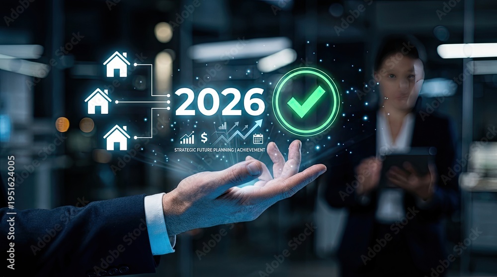 Fototapeta premium Businessman showing virtual interface with 2026, checkmark, and house icons.