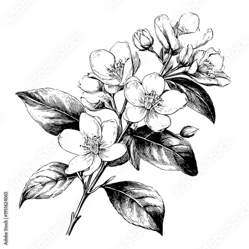 Adobe Stock illustration of a delicate jasmine branch with blossoms and leaves, rendered in exquisite detail as a hand-drawn floral design