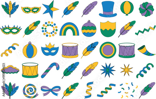 A collection of festive mardi gras carnival icons featuring masks feathers drums and streamers isolated on transparent background