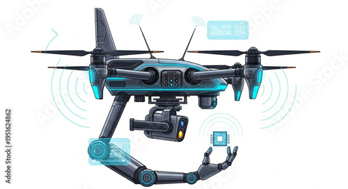 Futuristic drone with robotic arm and advanced technology concept.