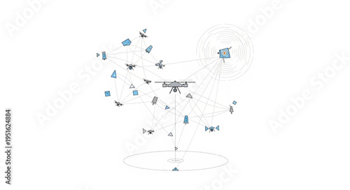Detailed illustration of a drone in flight with surrounding objects and elements.