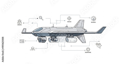 Detailed blueprint of a futuristic aircraft design with advanced technology and engineering.