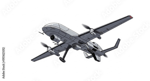 Aerial drone aircraft with propellers flying in the sky for surveillance and reconnaissance missions.