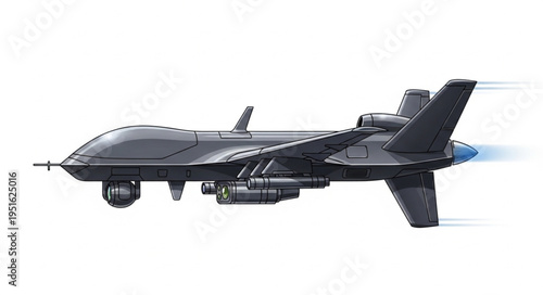 Detailed side view of a modern military drone in flight, showcasing advanced technology.