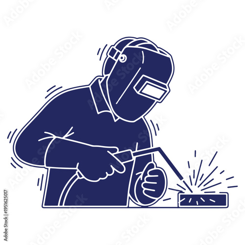 Industrial worker welding metal with safety gear and protective mask sparks flying technology and manual labor profession and engineering job