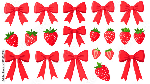 Seamless repeating pattern of red strawberries and decorative bows on white background for fabric, wallpaper and graphic design"
