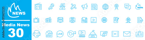 News media Web Icon Set in Line Style. Collection of Mass media Linear Icons, Including tv, radio, newspaper, magazine, news, broadcasting, press, interview, journalism and more. Editable Stroke