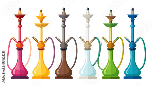 Collection of colorful hookah water pipes with hoses and bowls, traditional shisha smoking equipment in decorative vector illustration"