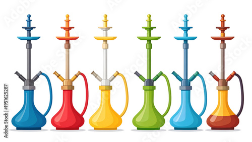 Collection of colorful hookah water pipes with hoses and bowls, traditional shisha smoking equipment in decorative vector illustration"