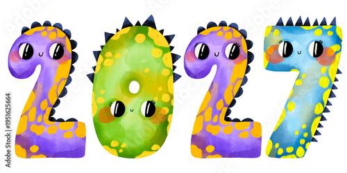 Cuadro en lienzo Cute dinosaur number 2027 watercolor illustration