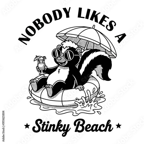 Skunk on inflatable raft relaxing outdoors.