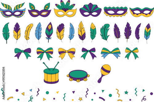 Collection of festive mardi gras elements featuring colorful masks feathers bows and instruments isolated on transparent background