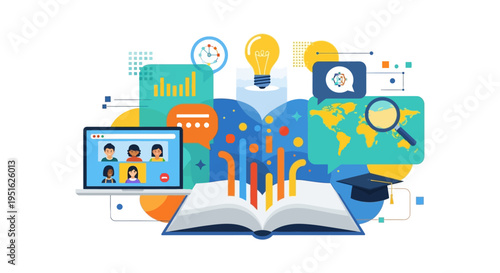 Online Education and E-Learning Platform Concept. Digital Knowledge Management, Global Research, Video Conferencing, and Academic Success Illustration.