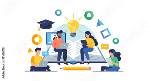 E-Learning and Collaborative Online Study Vector Illustration. Students Brainstorming, Reading Digital Content, and Generating Ideas.