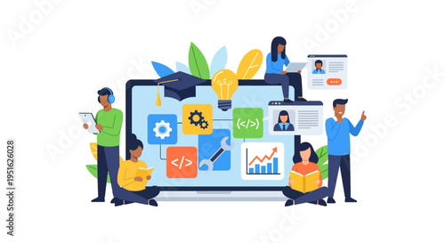 Digital Education Platform: Diverse Students Learning Online, Skill Development, Coding, and Technical Training Concept Illustration.