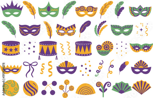 Set of vibrant mardi gras masks and party decorations featuring purple green and gold elements isolated on transparent background