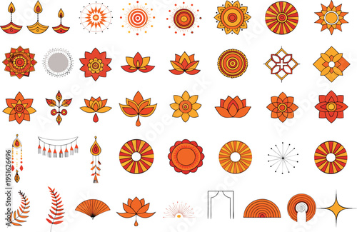 A collection of decorative indian ethnic elements featuring lotus flowers and geometric patterns isolated on transparent background