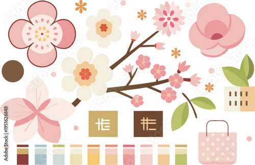 A collection of stylized spring blossom flowers and decorative elements in a soft pastel palette isolated on transparent background
