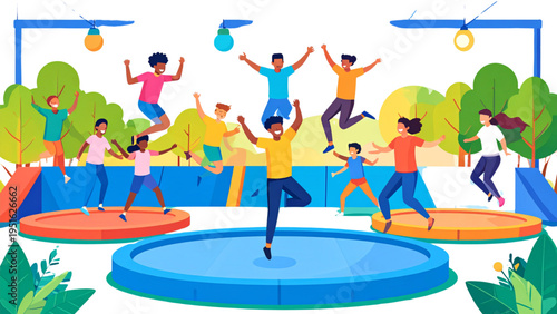 Group of joyful people celebrating around outdoor pool with trees, dancing, jumping and festive community recreation vector illustration"
