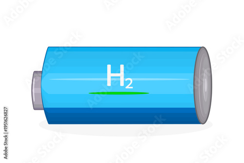 Hydrogen fuel cell battery on white background. Blue cylindrical battery marked with H2 symbol.Hydrogen energy storage.Clean fuel technology, and sustainable green energy solutions.Vector illustration