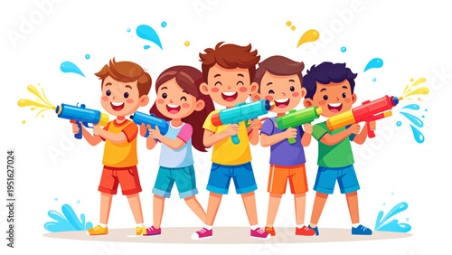 Happy group of children playing outdoor summer water fight with colorful toy guns, splashing fun and joyful recreation"