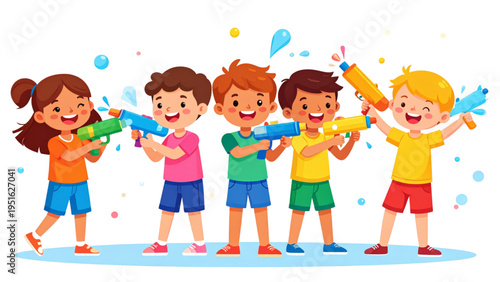 Happy group of children playing outdoor summer water fight with colorful toy guns, splashing fun and joyful recreation"