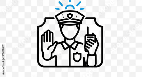 Police officer icon with hand raised and radio.