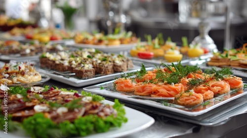Stunning photo of catering company, office corporate canteen, assortment of dishes and snacks, buffet for a business party, serving dishes at the event.