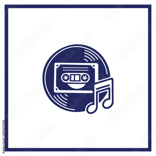 Retro Music Illustration Featuring Vinyl Record Cassette Tape and Music Note Simple Minimalist and Nostalgic Design