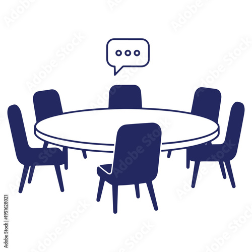 Round table discussion with chairs and speech bubble illustration for conference or meeting communication and collaboration graphic vector design