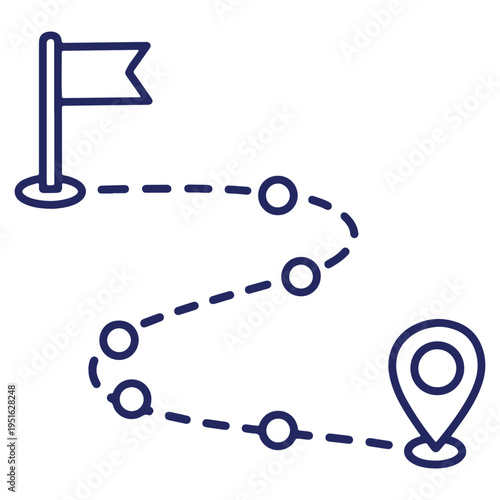 Route path from starting point with a flag to destination pin icon representing a journey or navigation strategy