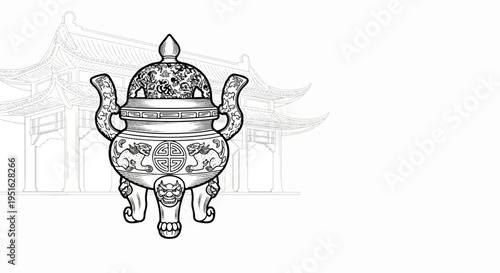 Detailed ancient-style ornate censer with mythical beasts and Asian pagoda background
