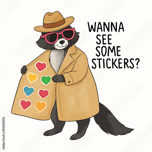 Whimsical cartoon raccoon wearing sunglasses and trench coat revealing heart stickers underneath