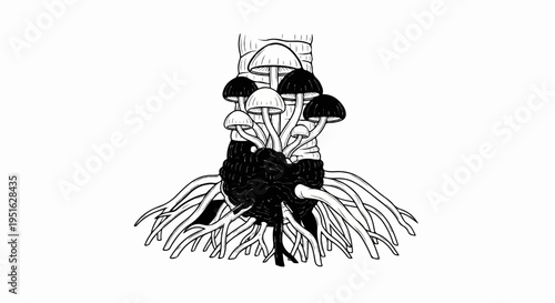 Detailed illustration of mushrooms growing on a plant stem with exposed roots