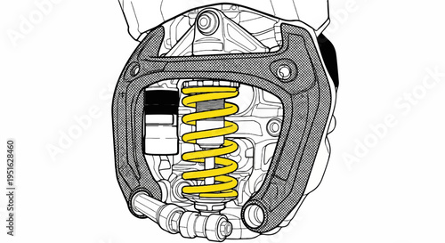 Detailed illustration of a motorcycle's rear suspension system with yellow spring