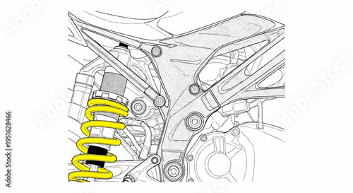 Detailed illustration of a motorcycle's rear suspension and frame assembly