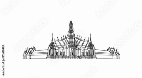 Detailed line art drawing of a grand, multi-tiered palace structure