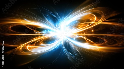 Abstract energy burst.  A vibrant display of swirling, luminous energy.  Intertwined beams of blue and orange light radiate outward from a central point.  Intense, dynamic, and energetic visual