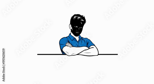 Confident young man with arms crossed, wearing a blue collared shirt