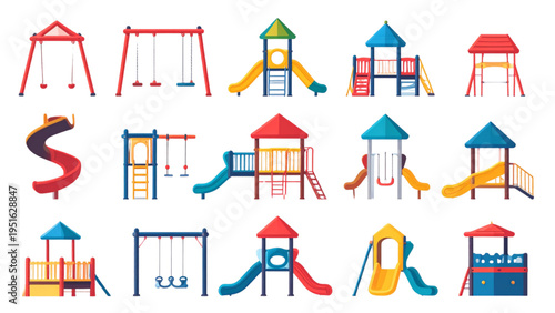 Collection of colorful playground equipment designs with slides, swings, climbing structures, roofs and fun outdoor recreation elements"