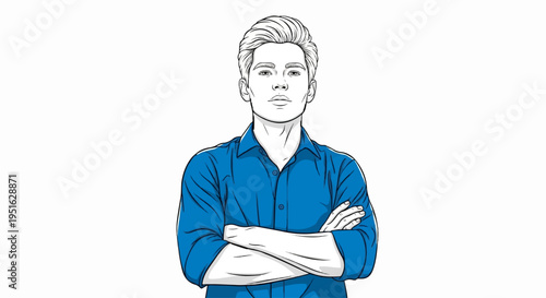 Confident young man with arms crossed in a blue collared shirt